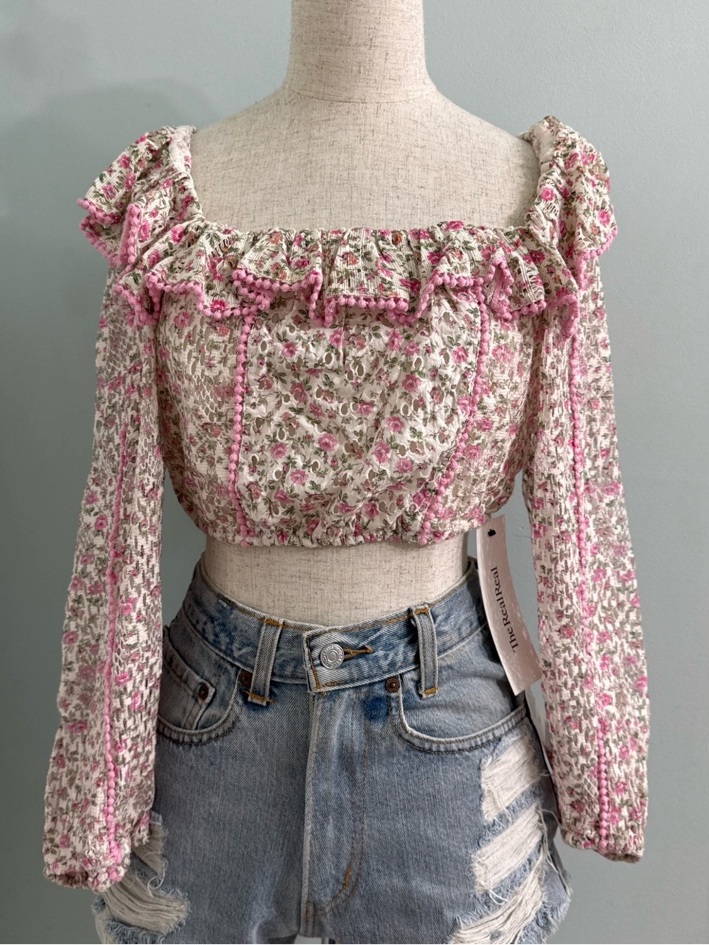 Loveshackfancy Coquette Eyelet Crop Top Pink Flowers XS